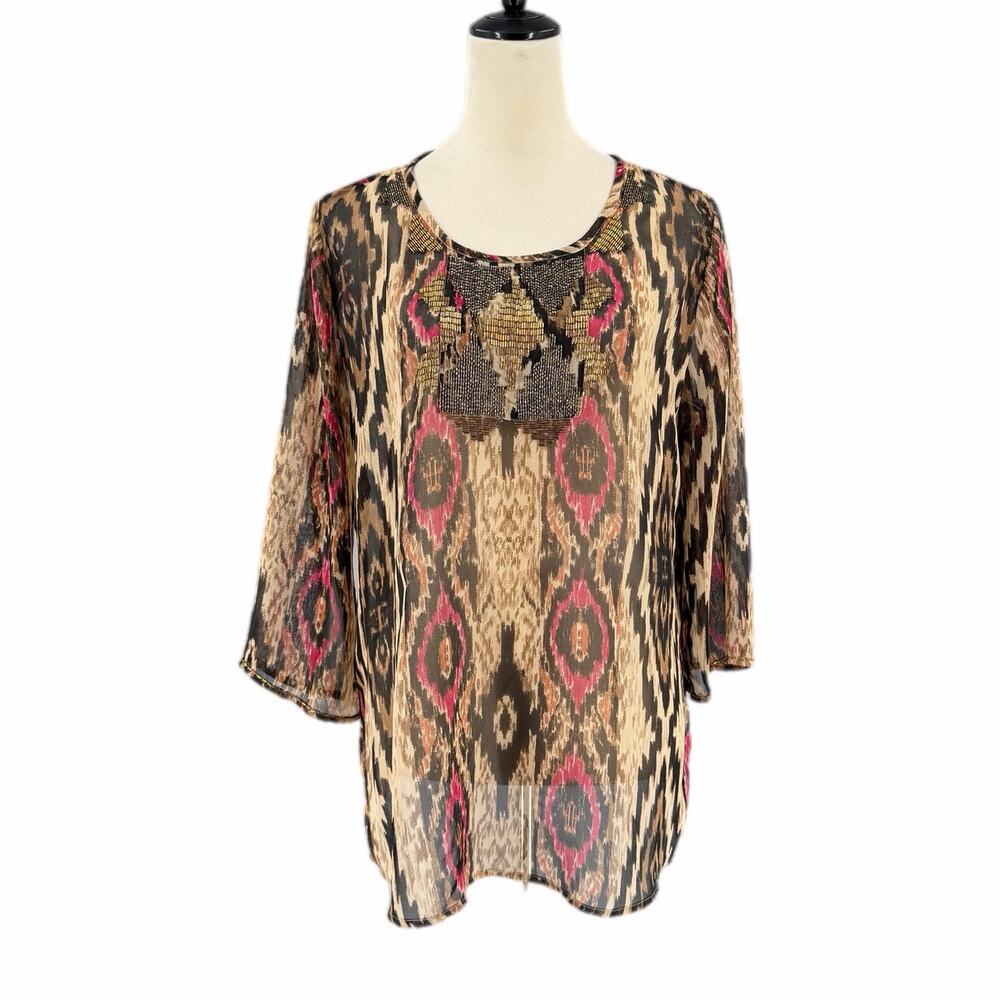 Chico’s Sz 2 Brown Ikat Beaded Embellished Southwestern Boho Sheer Blouse Top
